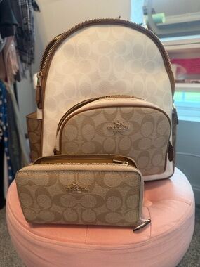Coach Khaki and Chalk Signature Backpack with Matching Wallet